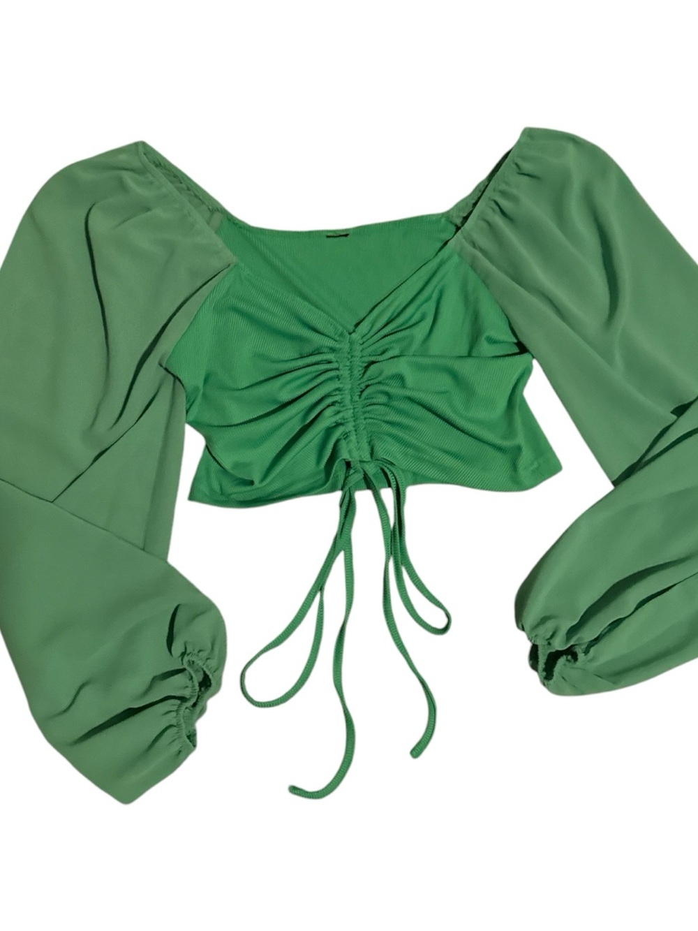 💚NWOT Amazon Women’s Green Ruched Tie Sheer Balloon Sleeves Crop Top Blouse | M